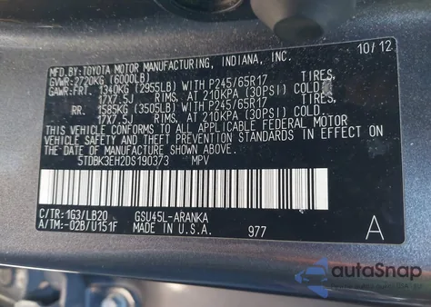 2013 Toyota Highlander Plus/Se z USA, uszkodzony, nr VIN 5TDBK3EH2DS190373